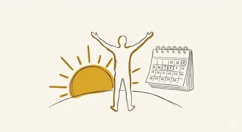 Aposentadoria da Pessoa com Deficiência (PCD) para os Segurados do INSS 1 Ilustração minimalista de silhueta com braços abertos diante de sol nascente com calendário em estilo line art