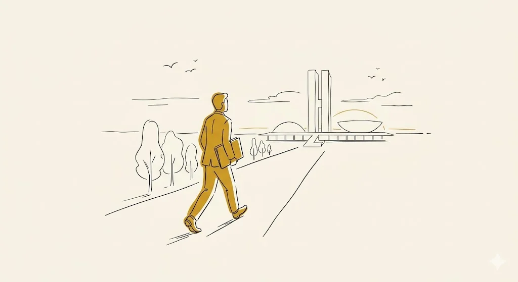 Aposentadoria do servidor federal pós EC 103/2019: regras atuais 1 Ilustração minimalista de servidor caminhando em direção ao Congresso Nacional ao entardecer em estilo line art