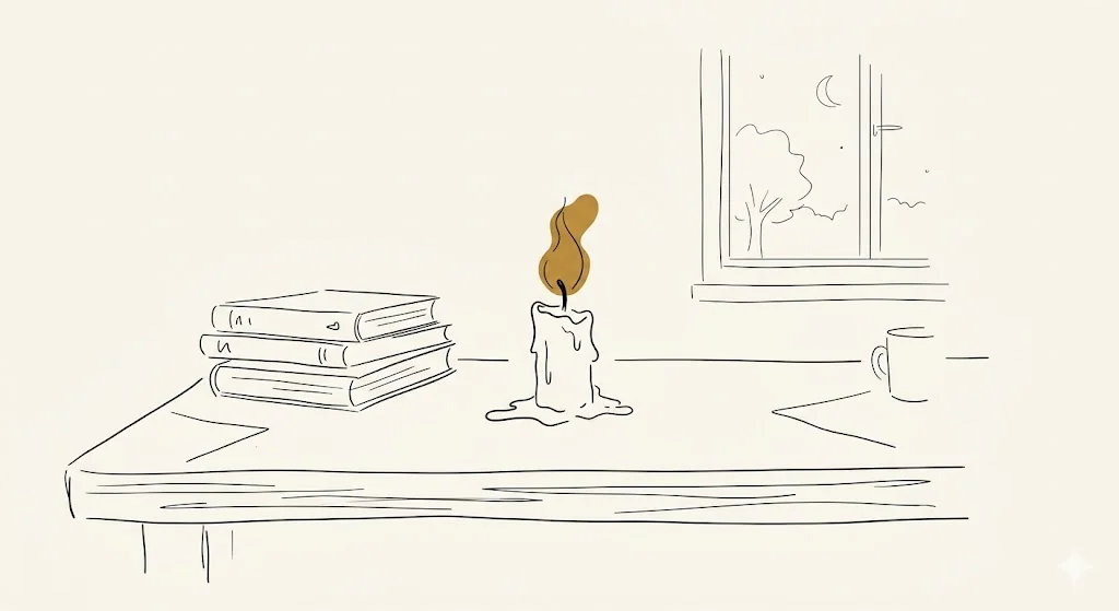Burnout: A Síndrome do Esgotamento Profissional e suas Consequências Legais 1 Ilustração minimalista de vela consumida sobre mesa com livros e janela ao fundo em estilo line art