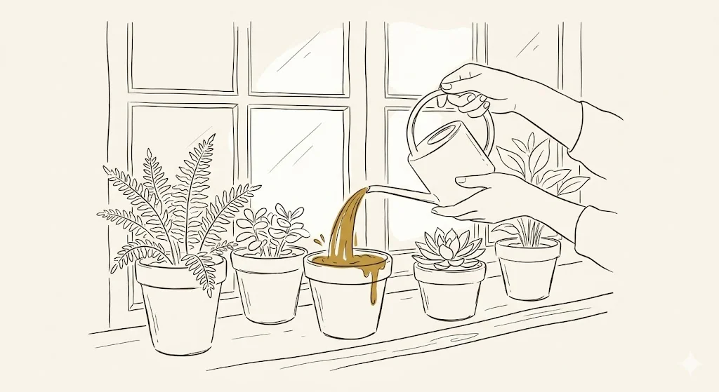 Direitos Trabalhistas e Previdenciários dos Empregados Domésticos 1 Ilustração minimalista de mãos regando plantas em janela iluminada em estilo line art