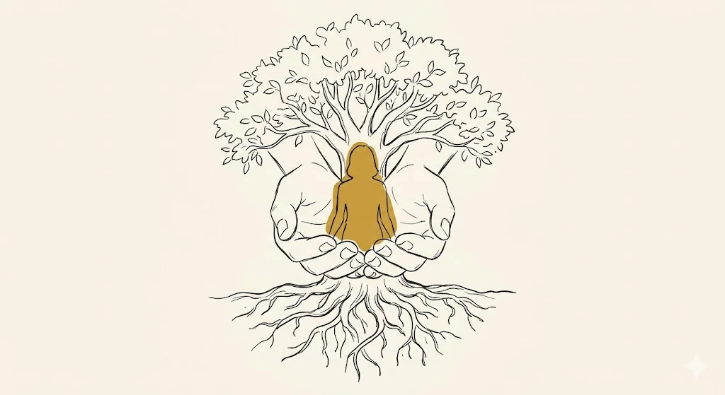 Pensão por Morte no INSS: Quem Tem Direito em 2026 1 Ilustração minimalista de silhueta amparada por mãos maiores sob árvore com raízes em estilo line art