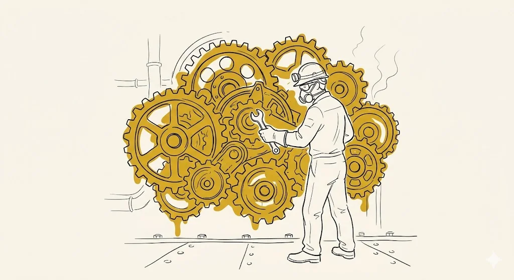 Expectativas da PLP 42/2023 sobre aposentadoria especial para trabalhadores e servidores expostos a agentes nocivos à saúde 1 Ilustração minimalista de trabalhador com EPI diante de engrenagens industriais em estilo line art