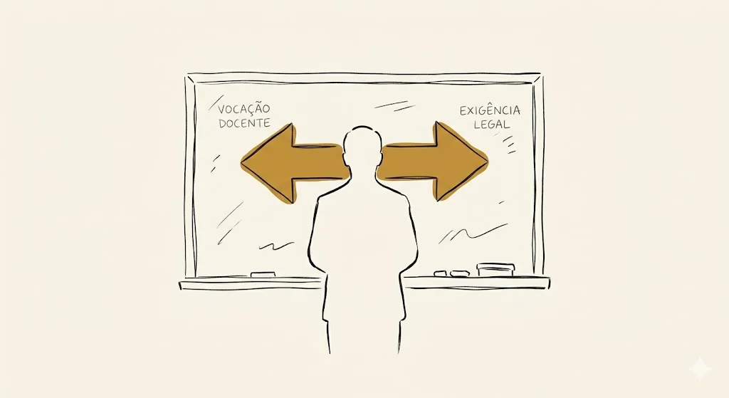 Professores do RPPS e a exigência da Readaptação Profissional pós EC 103/2019 2 Ilustração minimalista de silhueta diante de quadro negro com seta em duas direções em estilo line art