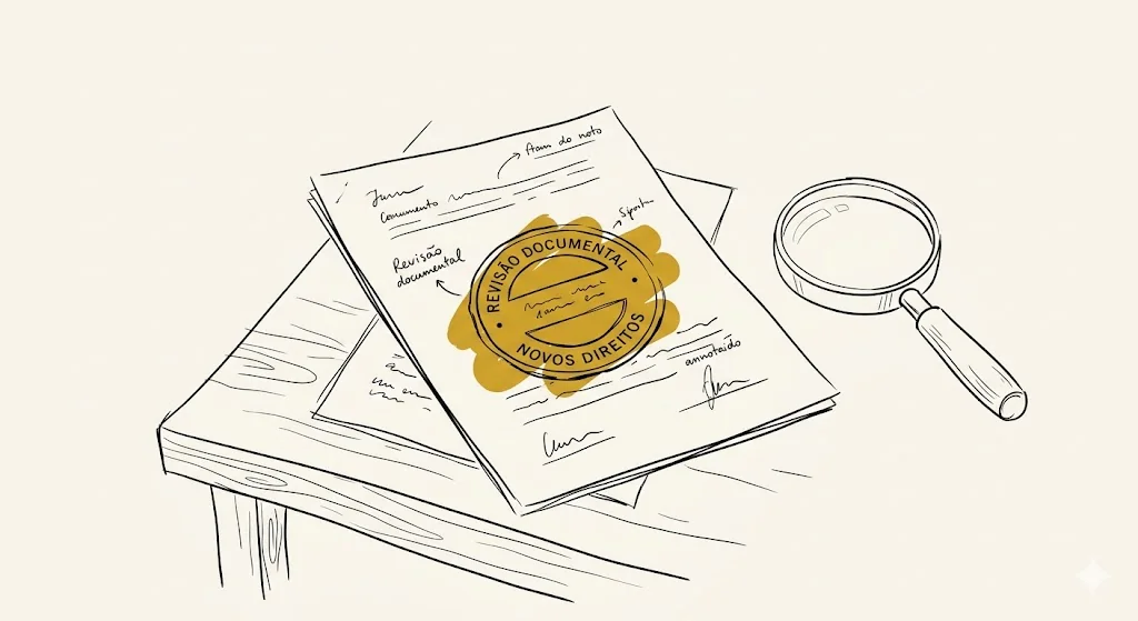 Revisão da Renda da Aposentadoria por Incapacidade Permanente/Invalidez no RPPS pela apresentação superveniente da CTC 1 Ilustração minimalista de documento com carimbo e lupa sobre mesa em estilo line art