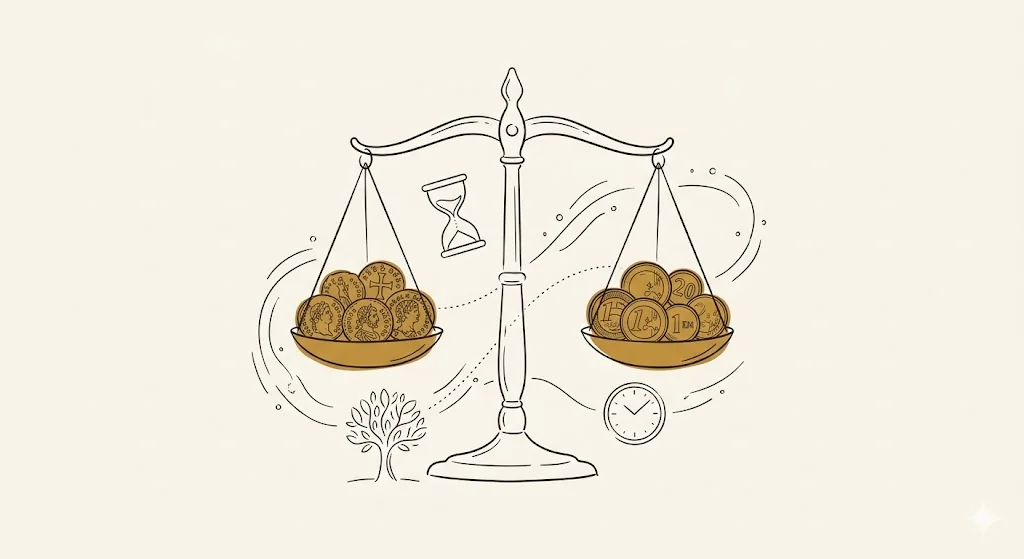 Revisão da Vida Toda cancelada pelo STF: prazos e próximos passos 1 Ilustração minimalista de balança de Têmis com moedas de épocas diferentes em estilo line art