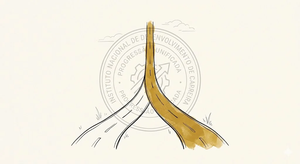 Transposição de Carreira e o Direito à Integralidade e Paridade: Entenda seus Direitos 2 Ilustração minimalista de duas estradas convergindo com carimbo institucional ao fundo em estilo line art