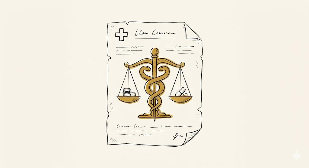 Você sabe quais são as Doenças Graves que podem dar direito a isenção de Imposto de Renda? 1 Ilustração minimalista de símbolo médico cruzado com balança jurídica em estilo line art