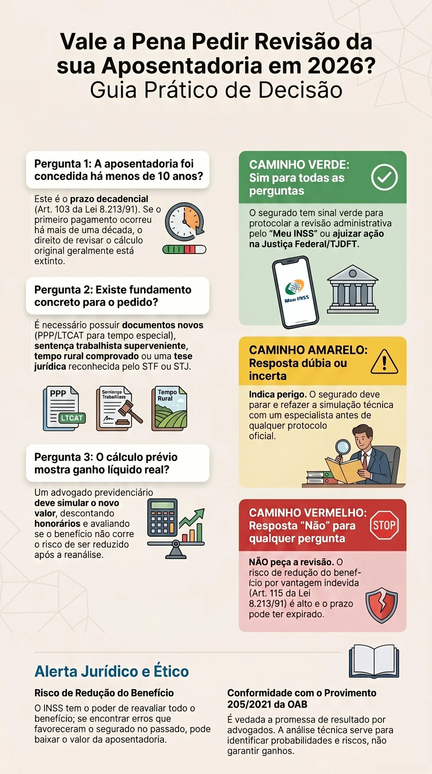Revisão de Aposentadoria 2026: Quando Vale a Pena Pedir e Como Fica a Vida Toda no STF 4 Árvore de decisão prática para saber se vale a pena pedir revisão de aposentadoria em 2026: prazo decadencial, fundamento concreto e cálculo prévio com advogado
