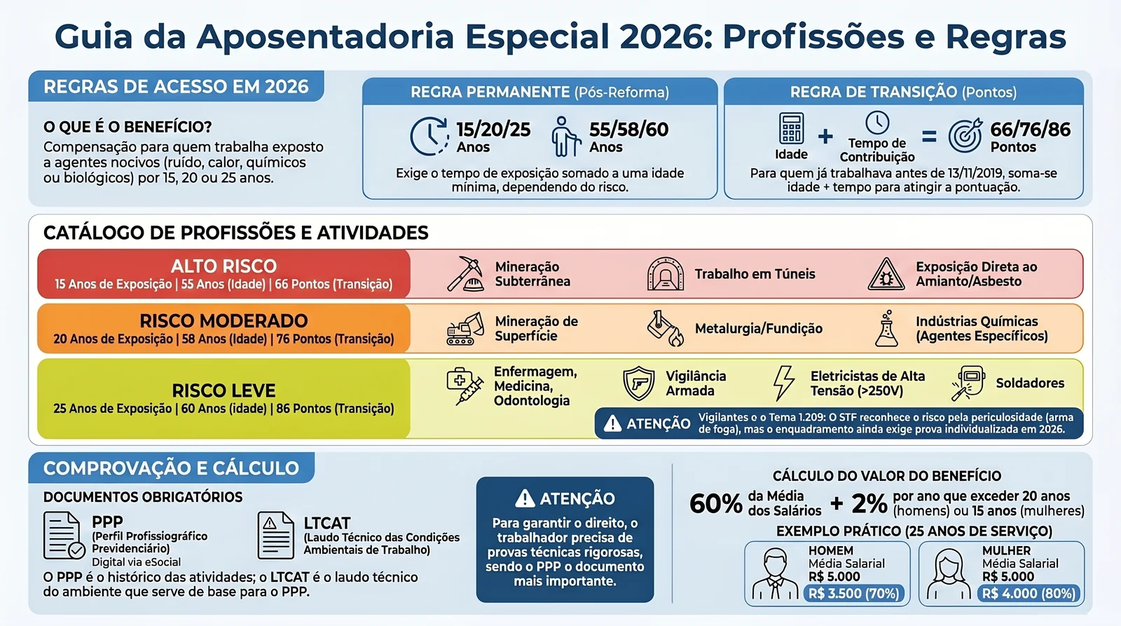 Aposentadoria Especial 2026: regras, valor e cálculo 1 Guia da aposentadoria especial 2026: regras permanente (idade 55/58/60 e tempo 15/20/25 anos) e de transição (66/76/86 pontos), catálogo de profissões por grau de risco (alto, moderado, leve), comprovação por PPP e LTCAT, e cálculo do valor (60% da média mais 2% por ano excedente) com exemplo prático para homem (R$ 3.500) e mulher (R$ 4.000)
