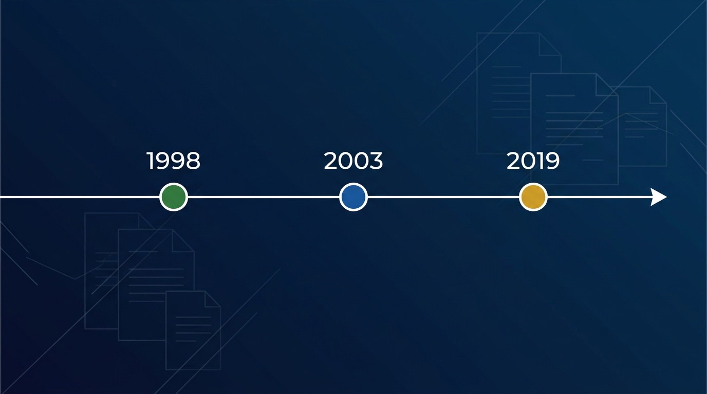 Paridade na Aposentadoria do Servidor Público (2003) 1 Linha do tempo institucional sobre fundo azul-marinho com tres marcos, 1998, 2003 e 2019, representando as datas de corte que definem a paridade e a integralidade na aposentadoria do servidor publico