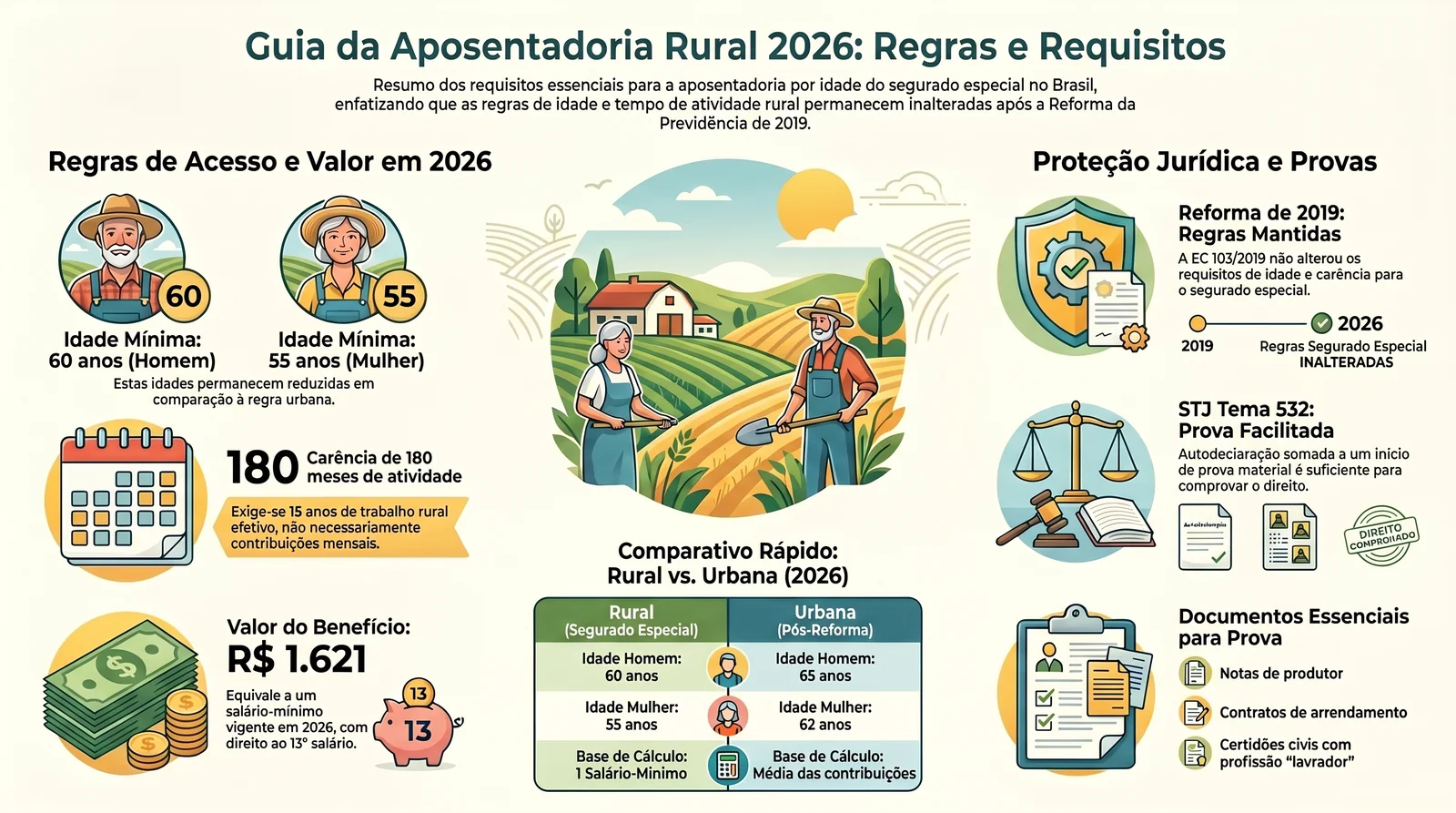 Aposentadoria Rural em 2026: Guia Completo do Segurado Especial (Regras, Idade, Documentos e Valor) 1 Infográfico com as regras da aposentadoria rural por idade em 2026: idade 60 anos para homem e 55 para mulher, carência de 180 meses e valor de 1 salário-mínimo