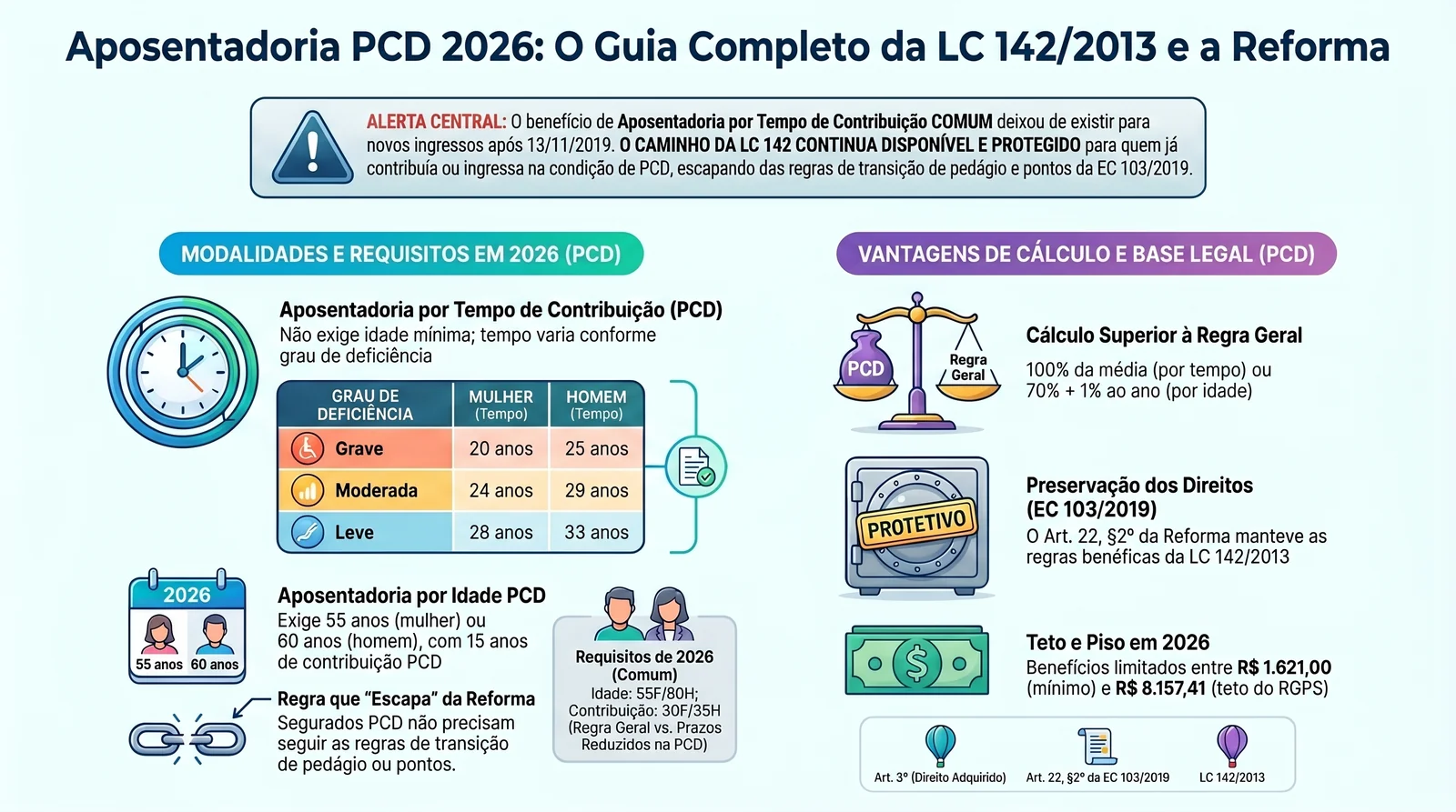 Aposentadoria PCD 2026: guia da LC 142/2013 para o INSS 1 Infográfico guia da aposentadoria PCD 2026: LC 142, modalidades, graus e cálculo