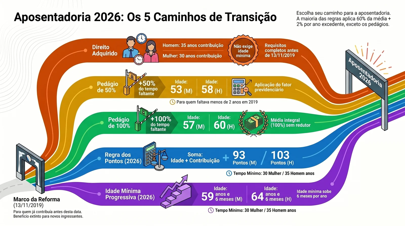 Aposentadoria por Tempo de Contribuição em 2026: Guia Completo 1 Infográfico das cinco regras de transição da aposentadoria por tempo de contribuição EC 103/2019