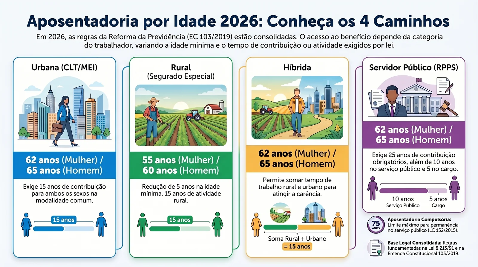 Aposentadoria por Idade 2026: Guia Completo 1 Aposentadoria por idade 2026, quatro tipos (urbana, rural, híbrida, servidor) com idade e carência de cada
