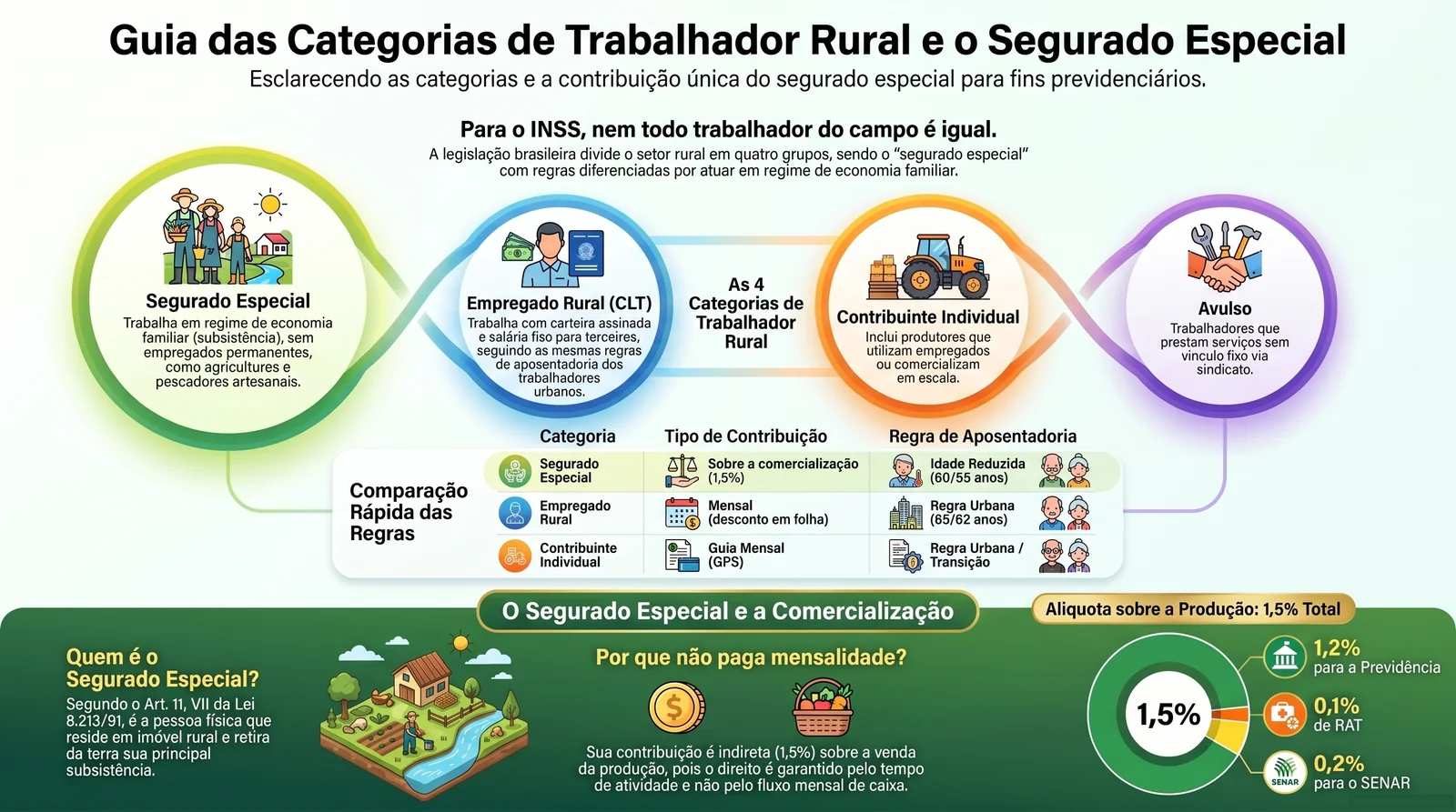 Aposentadoria Rural em 2026: Guia Completo do Segurado Especial (Regras, Idade, Documentos e Valor) 2 Infográfico com as categorias de trabalhador rural para a previdência e quem é o segurado especial pela Lei 8.213/91