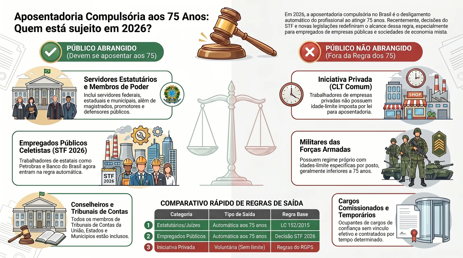 Aposentadoria Compulsória aos 75 Anos: Guia Completo para Servidores em 2026 2 Infográfico: quem se aposenta compulsoriamente aos 75, servidor estatutário, empregado público celetista, CLT comum, militar
