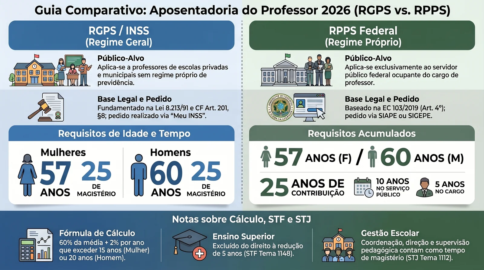 Aposentadoria do Professor 2026: Tempo Reduzido, Regras EC 103 e Cálculo 2 Comparativo aposentadoria do professor RGPS x RPPS em 2026