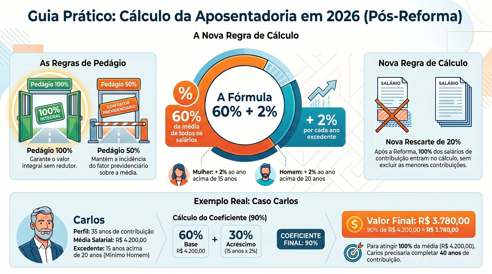 Aposentadoria por Tempo de Contribuição em 2026: Guia Completo 3 Infográfico do cálculo da aposentadoria por tempo de contribuição em 2026 com fórmula 60% + 2% por ano
