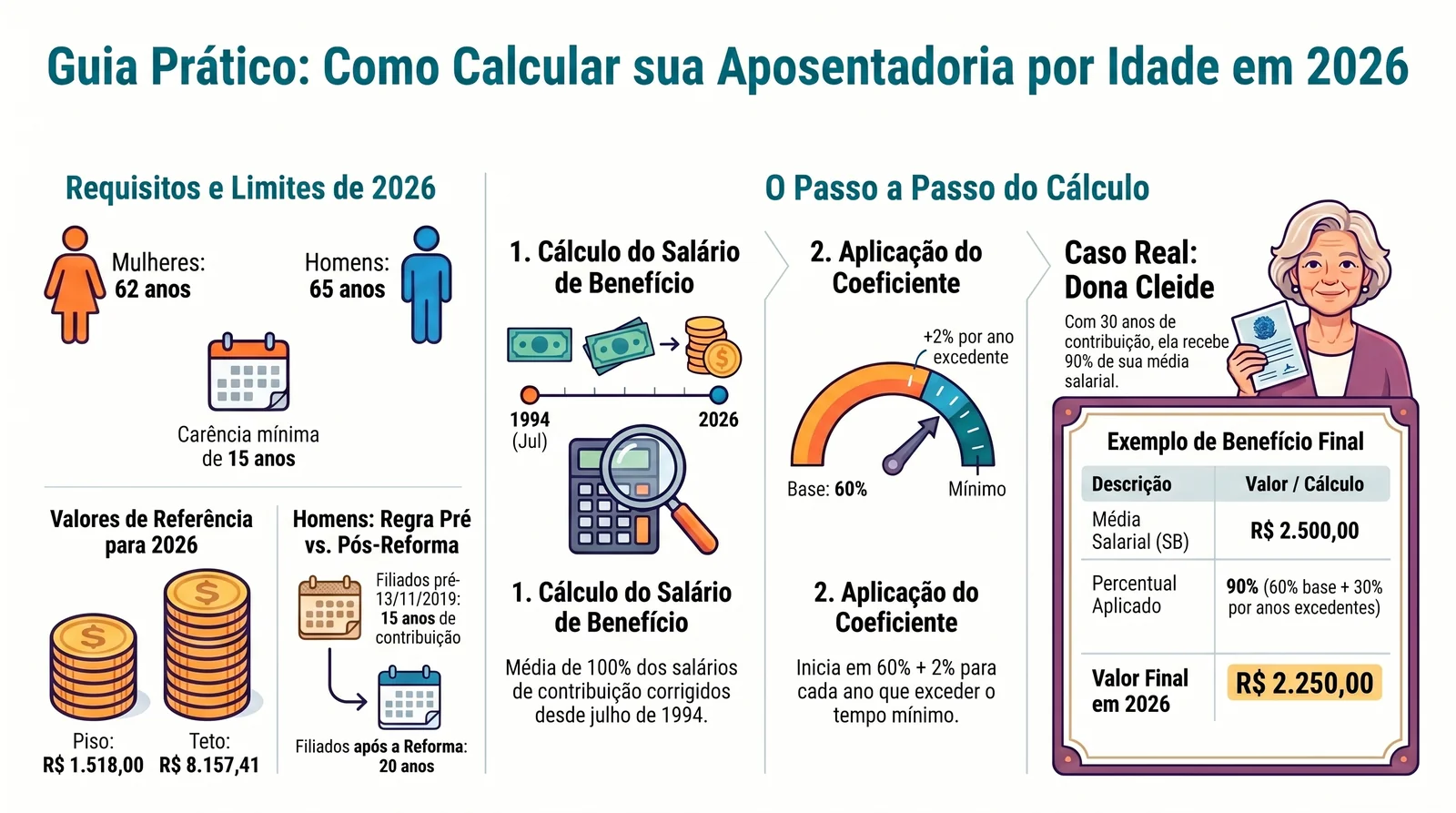 Aposentadoria por Idade 2026: Guia Completo 3 Cálculo da aposentadoria por idade, fórmula 60% + 2% por ano excedente passo a passo EC 103/2019
