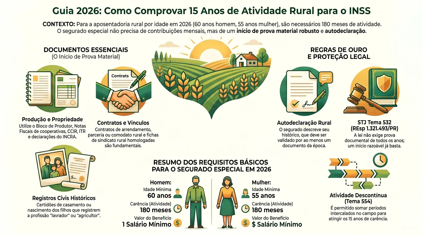 Aposentadoria Rural em 2026: Guia Completo do Segurado Especial (Regras, Idade, Documentos e Valor) 3 Infográfico com os documentos para comprovar 15 anos de atividade rural ao INSS e o entendimento do STJ no Tema 532
