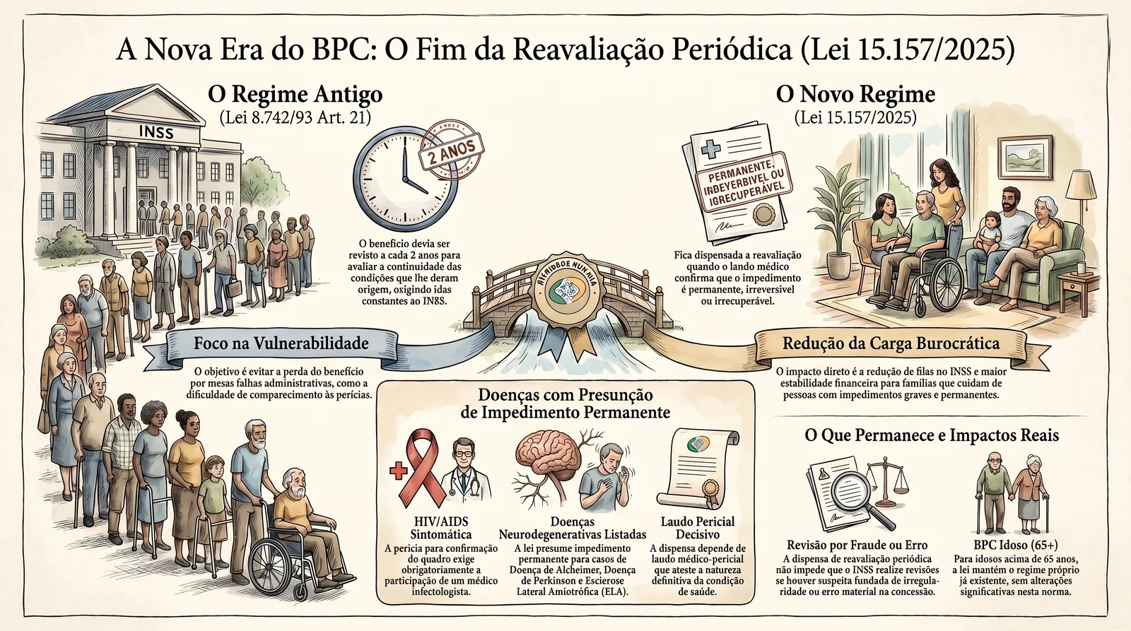 BPC/LOAS 2026: Requisitos, Valor e Como Solicitar 4 Infográfico - Lei 15.157/2025 e os BPC LOAS requisitos: dispensa de reavaliação para impedimento permanente (HIV, Alzheimer, Parkinson, ELA)