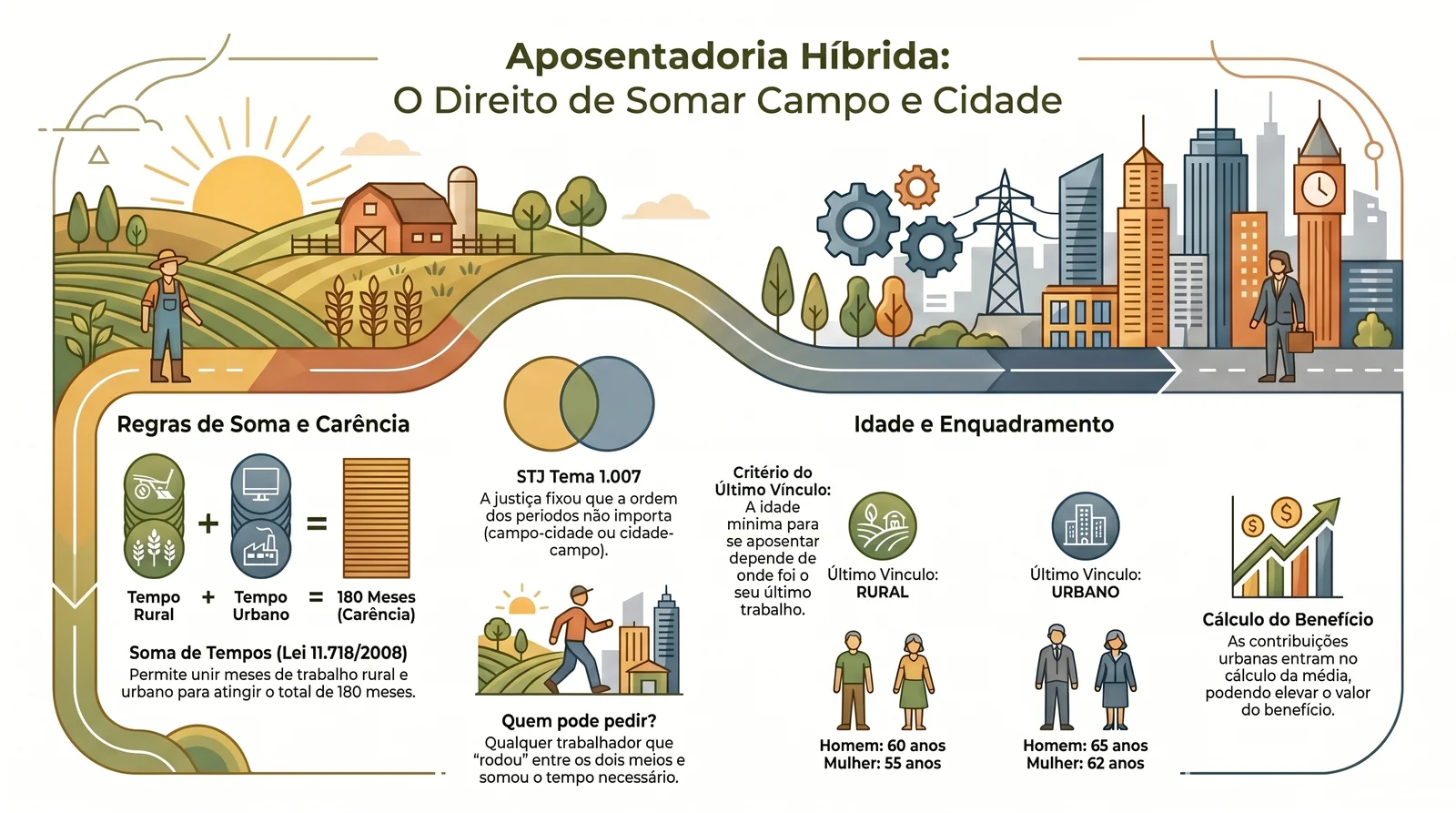 Aposentadoria Rural em 2026: Guia Completo do Segurado Especial (Regras, Idade, Documentos e Valor) 4 Infográfico sobre a aposentadoria rural híbrida: soma de tempo rural e urbano pela Lei 11.718/2008 e o STJ Tema 1.007