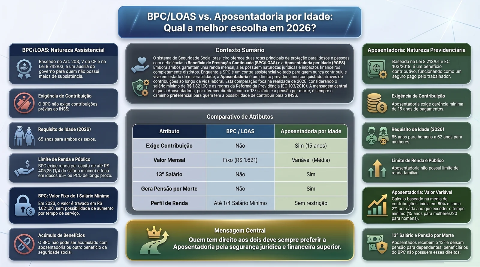 BPC/LOAS 2026: Requisitos, Valor e Como Solicitar 1 Infográfico - comparativo BPC LOAS vs aposentadoria 2026: natureza, contribuição, valor, 13º, pensão por morte