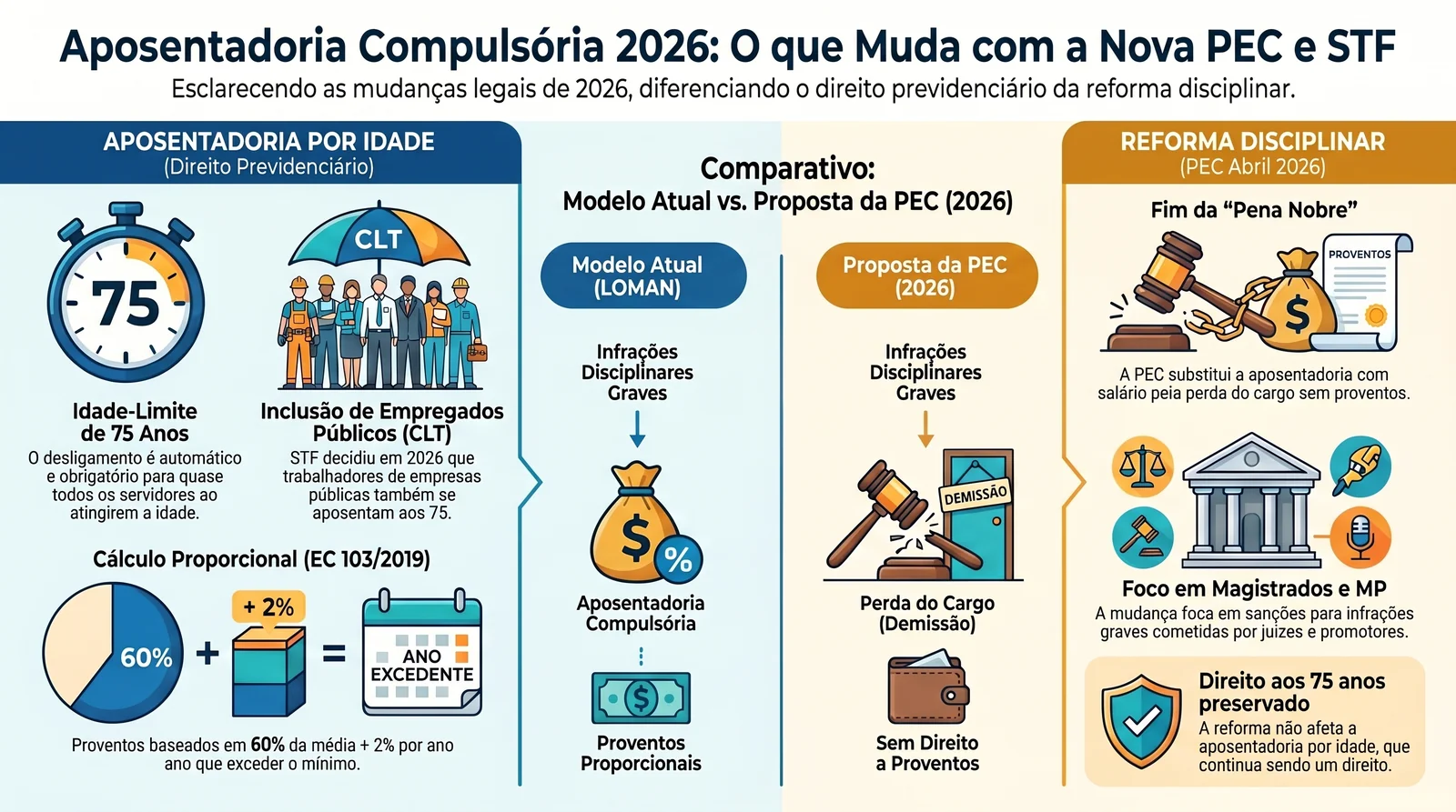 Aposentadoria Compulsória aos 75 Anos: Guia Completo para Servidores em 2026 4 Infográfico: PEC do Senado de abril de 2026 que substitui a aposentadoria compulsória como punição pela perda do cargo