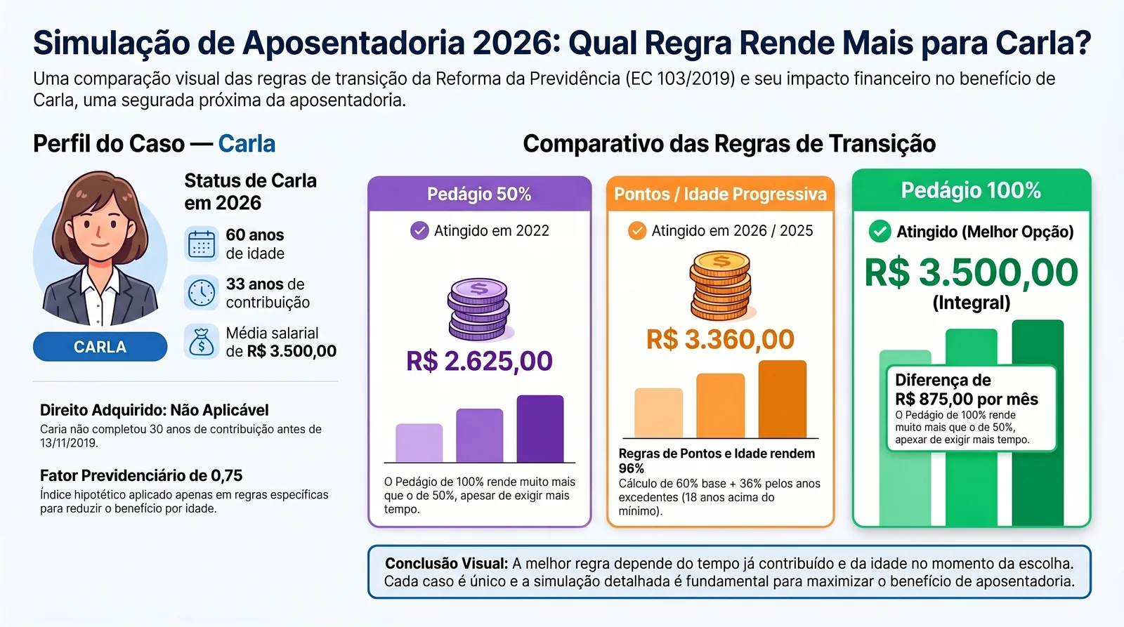 Aposentadoria por Tempo de Contribuição em 2026: Guia Completo 4 Infográfico de simulação das cinco regras de transição lado a lado com o mesmo segurado