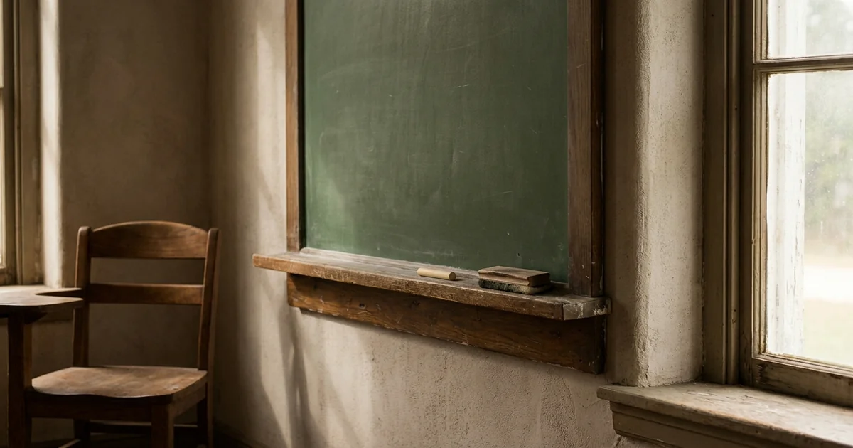 Sala de aula vazia com escrivaninha em primeiro plano e quadro-negro ao fundo, simbolizando a readaptação do professor servidor público após a EC 103/2019