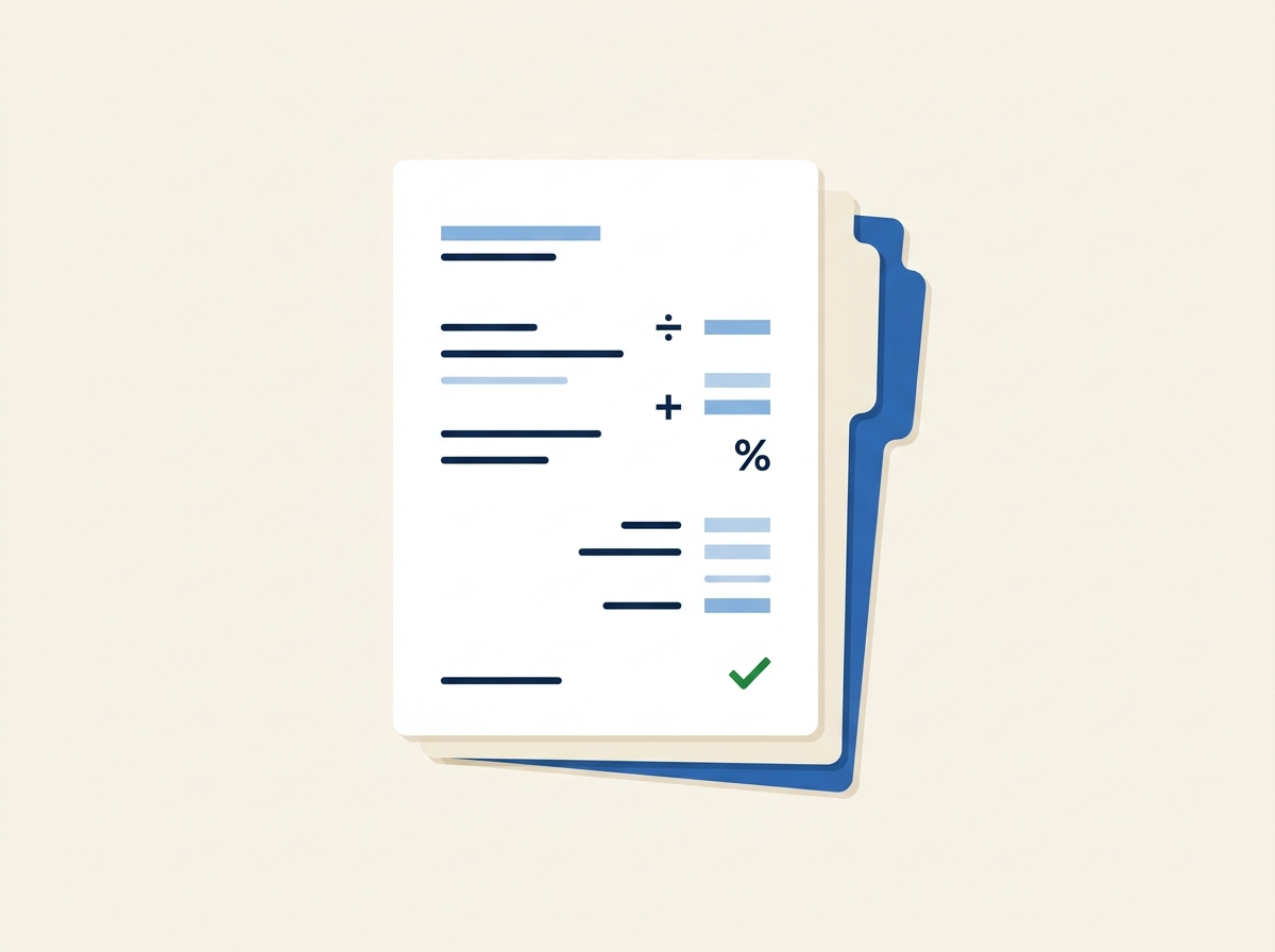Calculadora Aposentadoria Servidor Público: Como Calcular 4 Uma planilha de cálculo abstrata repousa sobre uma pilha de documentos institucionais, com operadores de divisão, soma e percentual e um sinal de confirmação verde, ilustrando o cálculo dos proventos de aposentadoria do servidor a partir da média das remunerações.