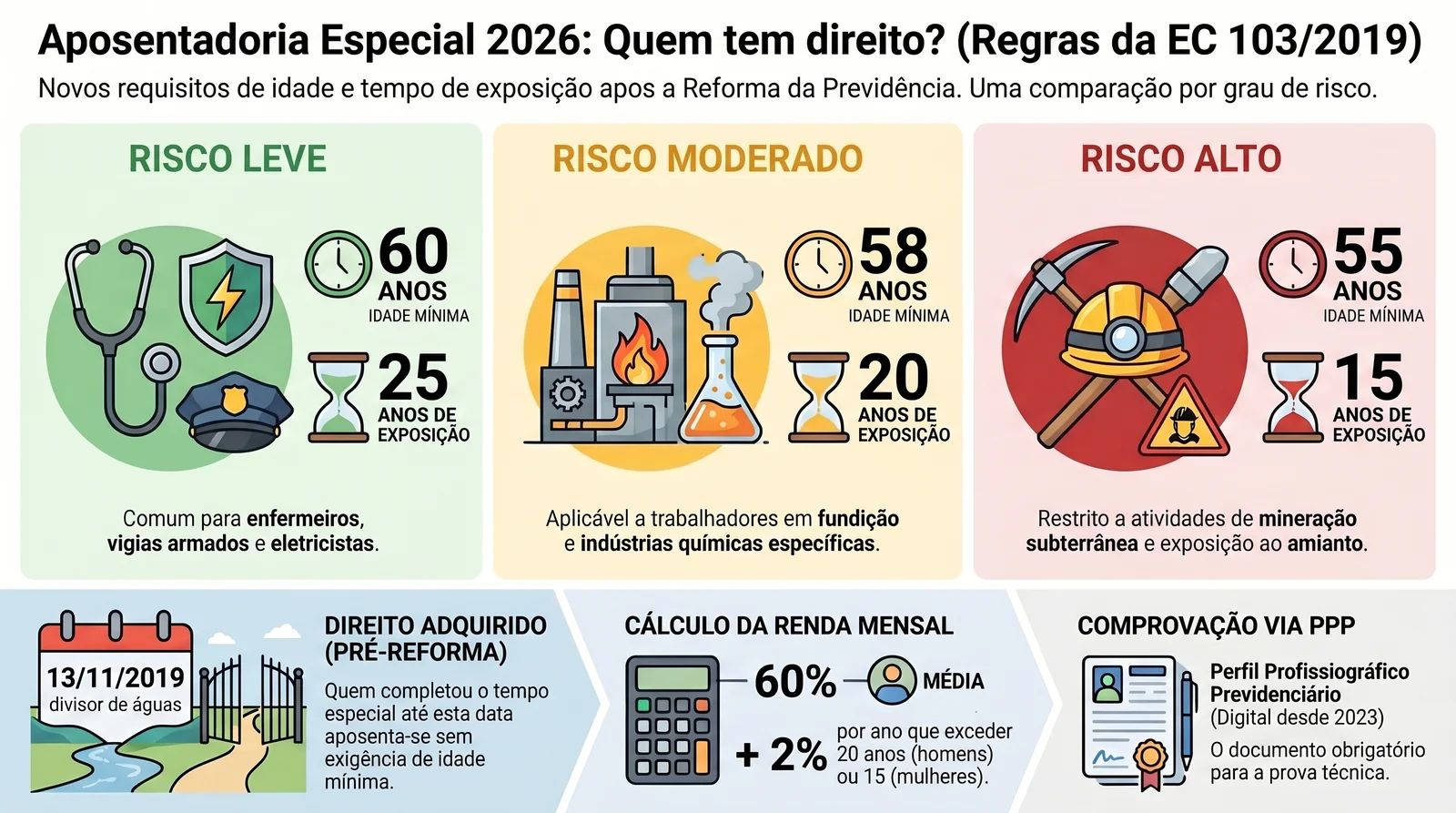 Aposentadoria Especial 2026: regras, valor e cálculo 2 Regra permanente da aposentadoria especial pós-EC 103/2019: tempos de exposição 15, 20 e 25 anos e idades mínimas 55, 58 e 60 anos